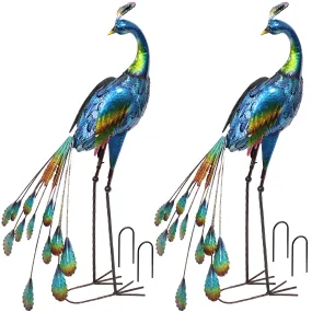 Sunnydaze Metal Peacock Garden Statue - 34" - Set of 2