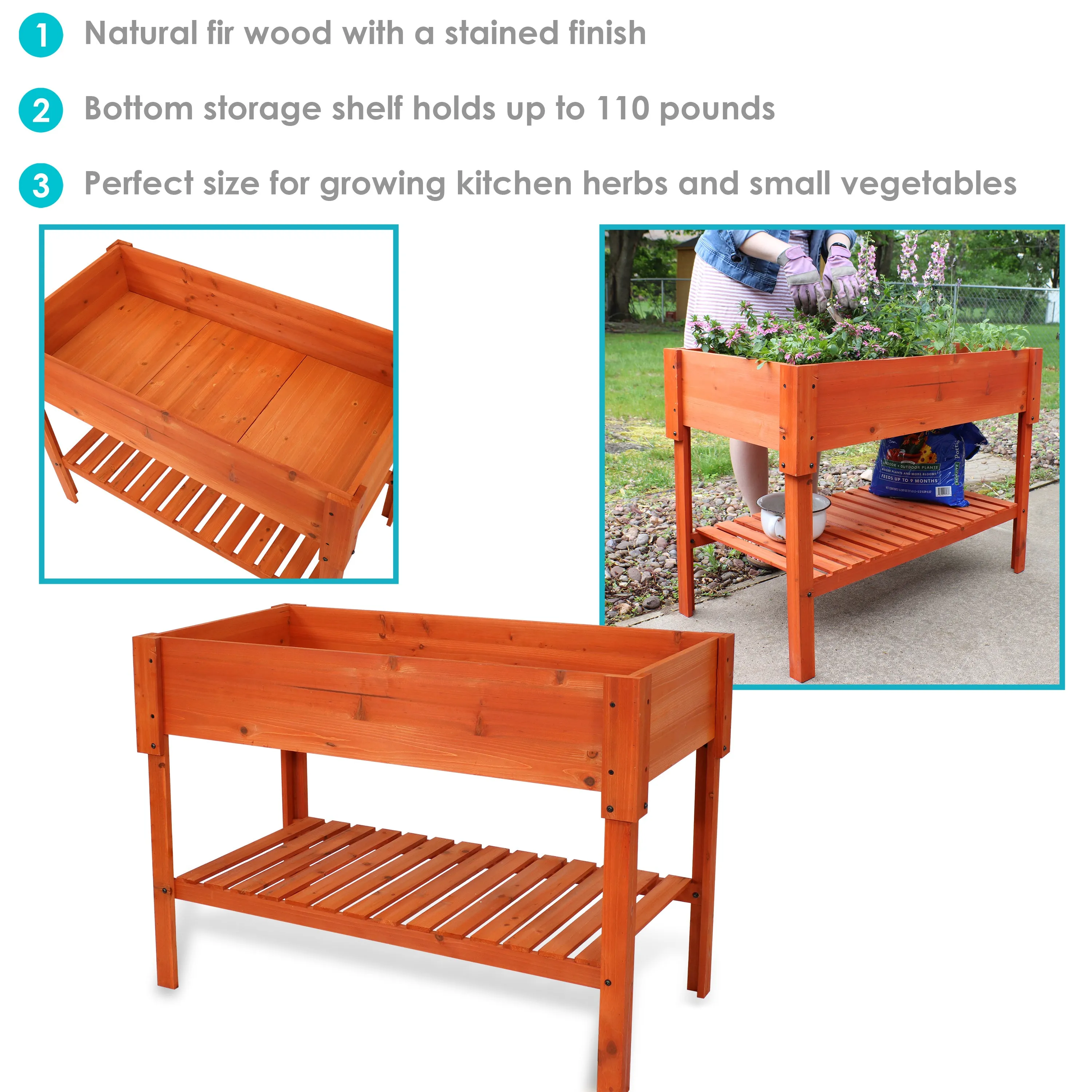 Sunnydaze Raised Wood Garden Bed Planter Box with Shelf