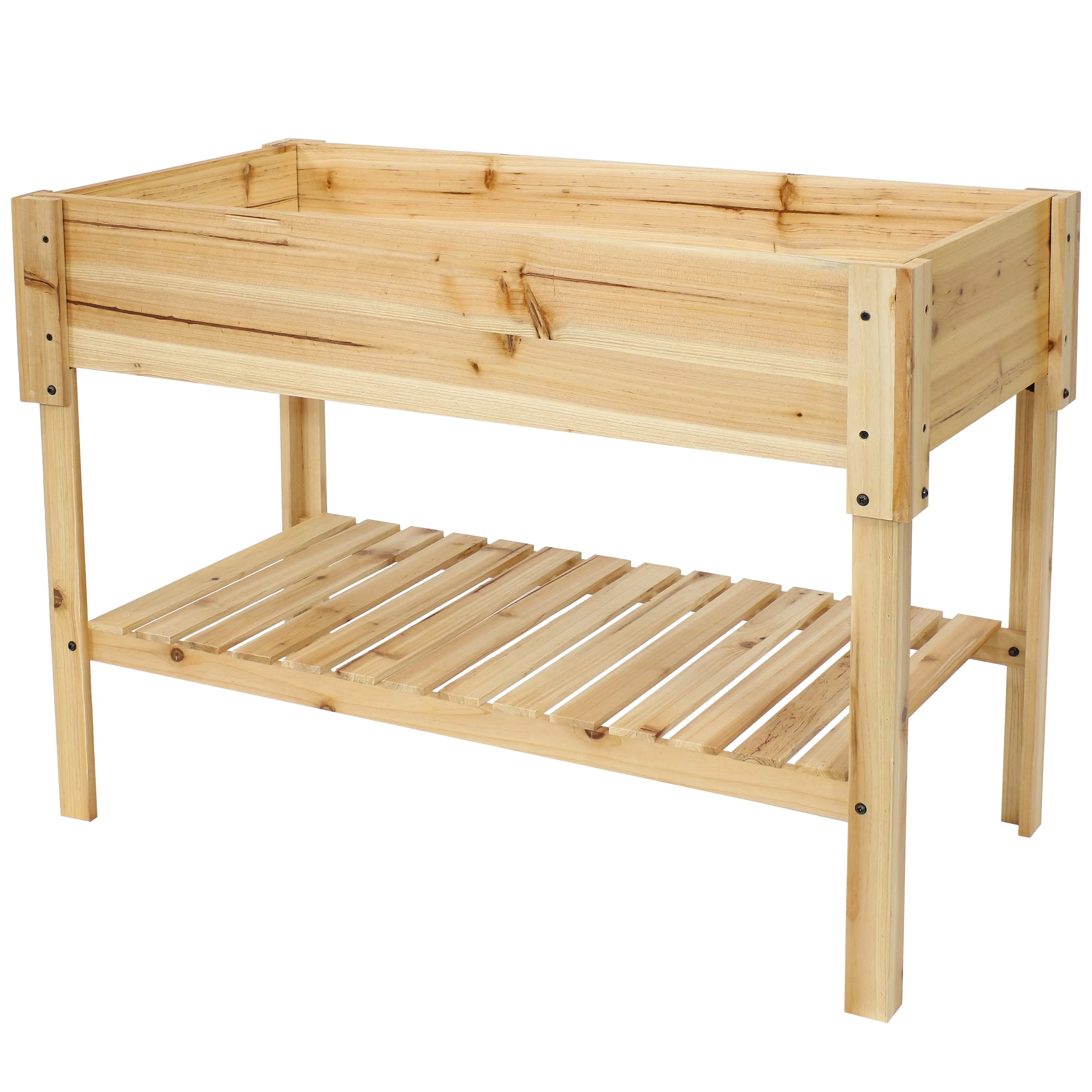 Sunnydaze Raised Wood Garden Bed Planter Box with Shelf