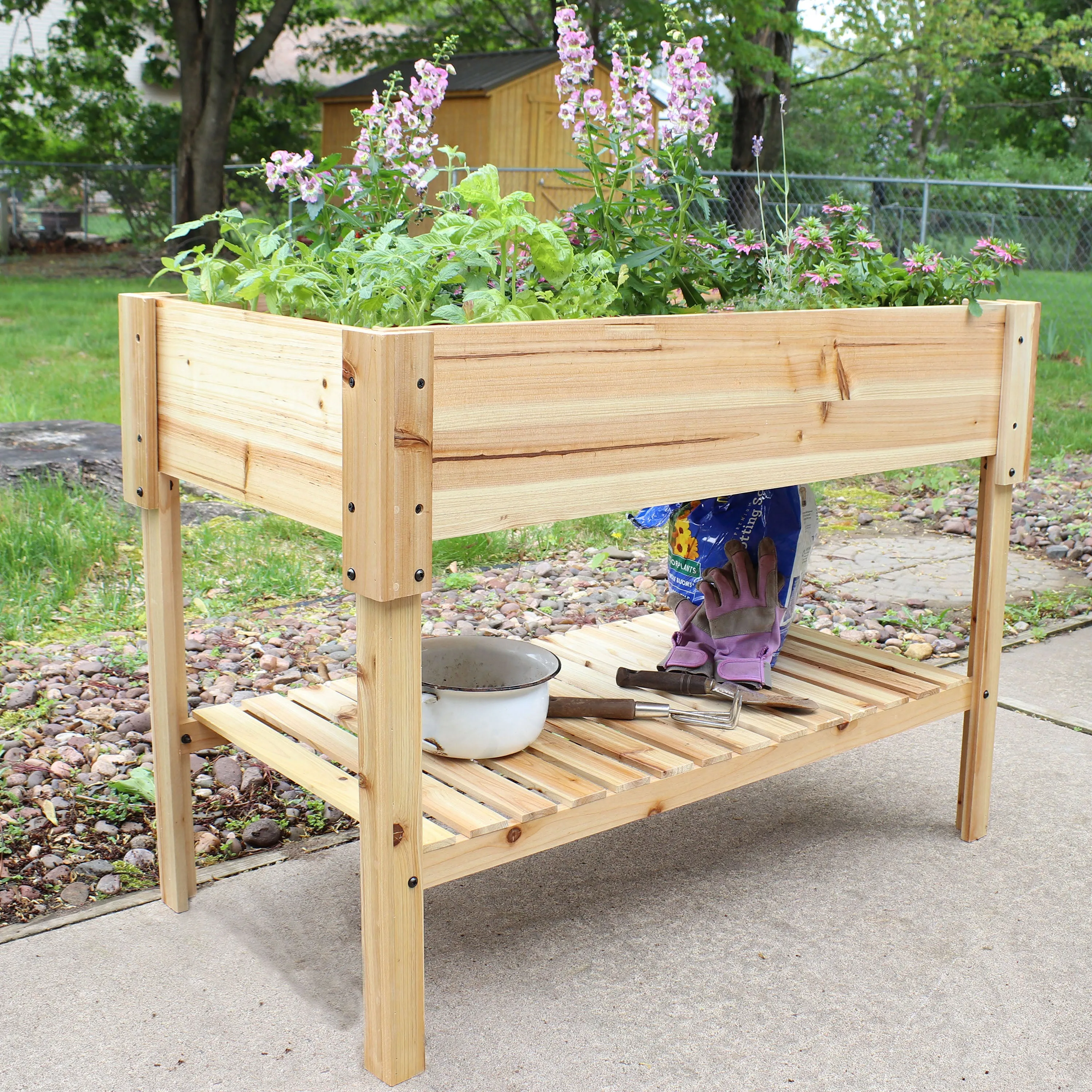 Sunnydaze Raised Wood Garden Bed Planter Box with Shelf