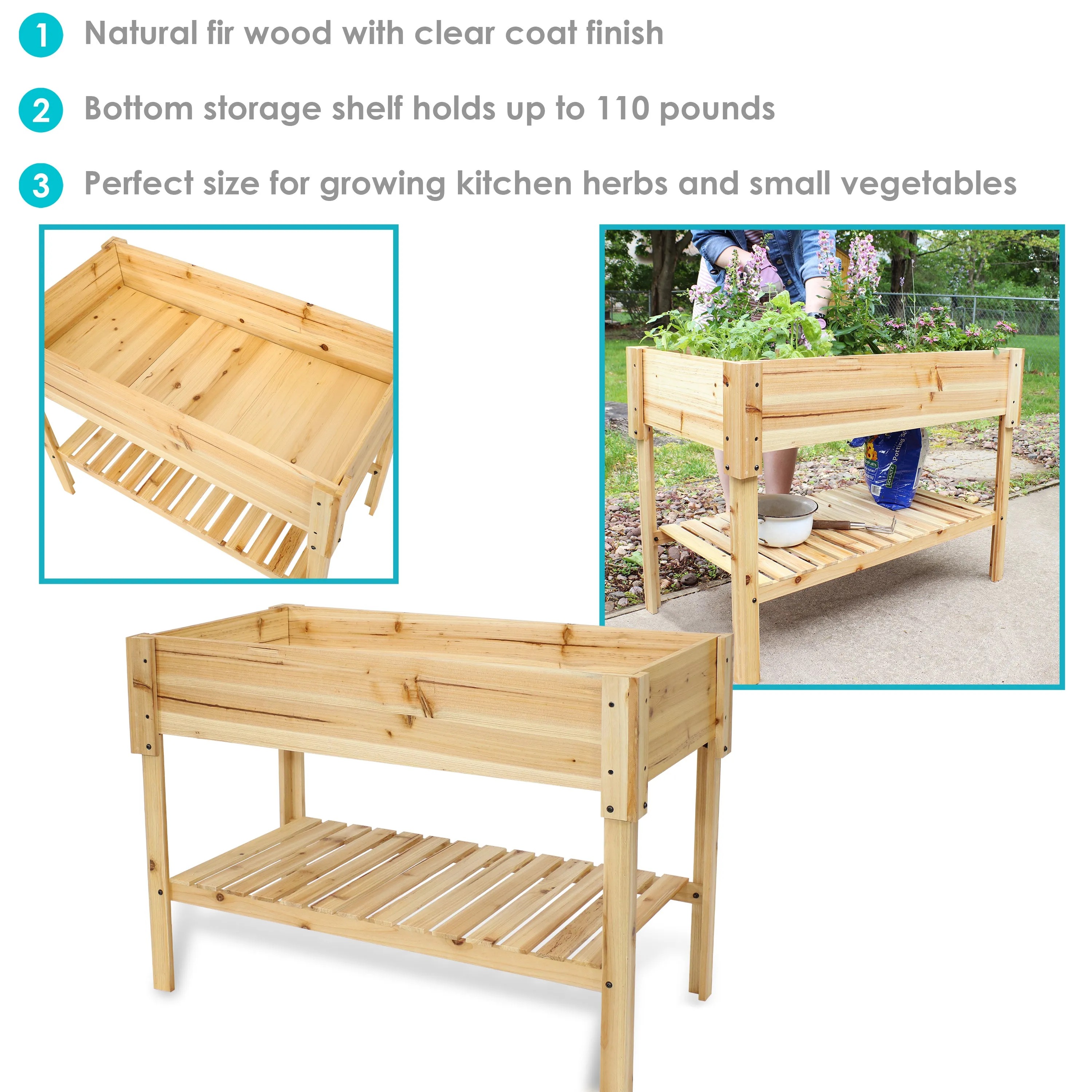 Sunnydaze Raised Wood Garden Bed Planter Box with Shelf