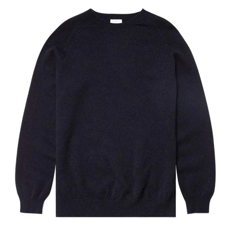 Sunspel Lambswool Crew Neck Knit Dark Navy Mouline