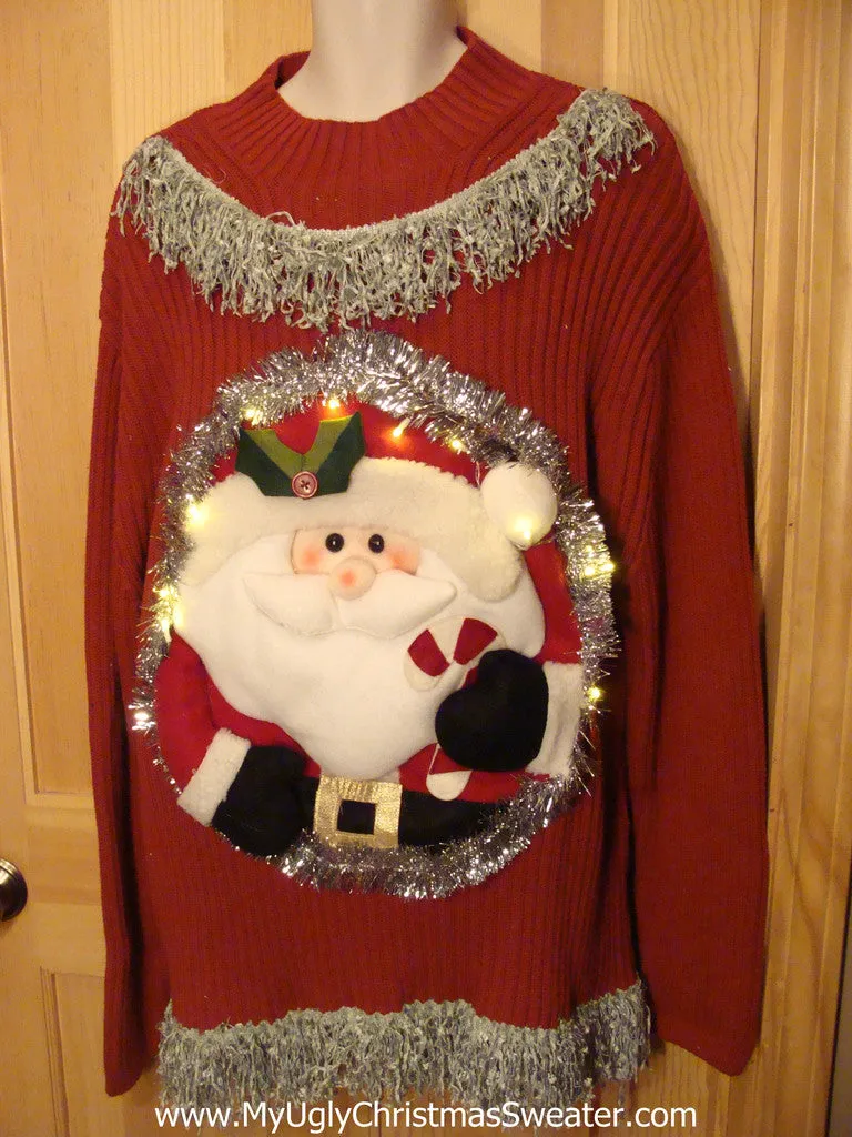 Tacky 3D Ugly Christmas Sweater Mens Puffy Santa with Lights and Fringe (A4)