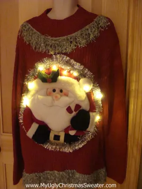 Tacky 3D Ugly Christmas Sweater Mens Puffy Santa with Lights and Fringe (A4)