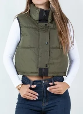 Tay Cropped Nylon Puffer Vest- Olive