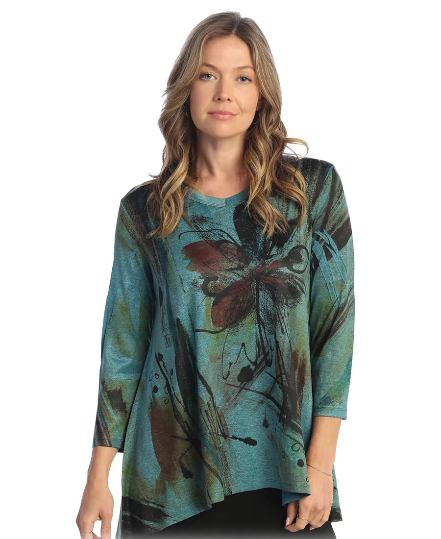 Teal Floral Slinky-Like Knit Hi-Low Tunic Top