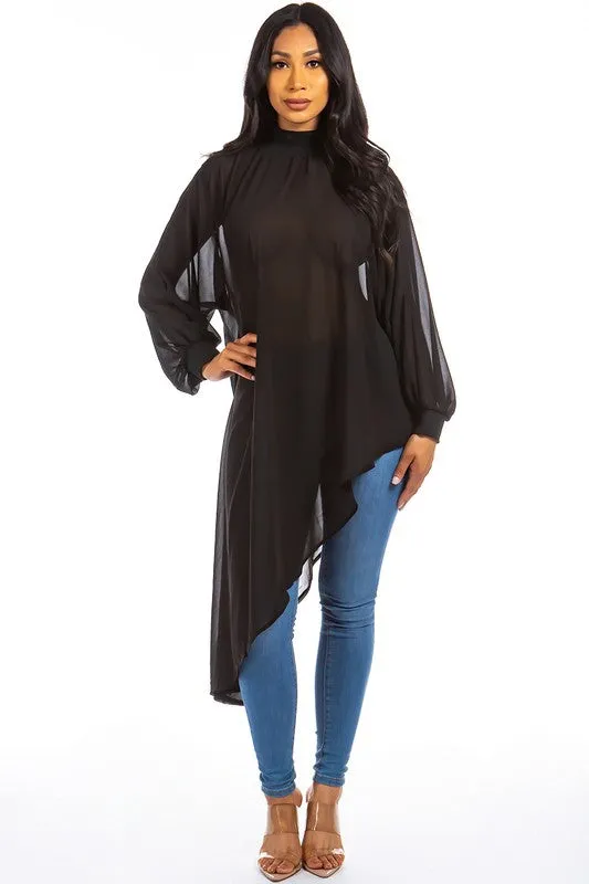 TEEK - BLACK CHIFFON SIDE TAIL TOP