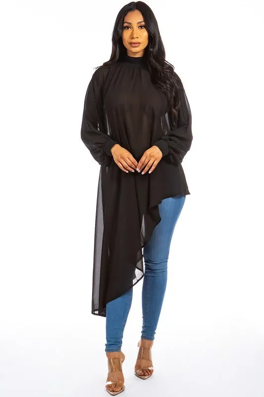 TEEK - BLACK CHIFFON SIDE TAIL TOP