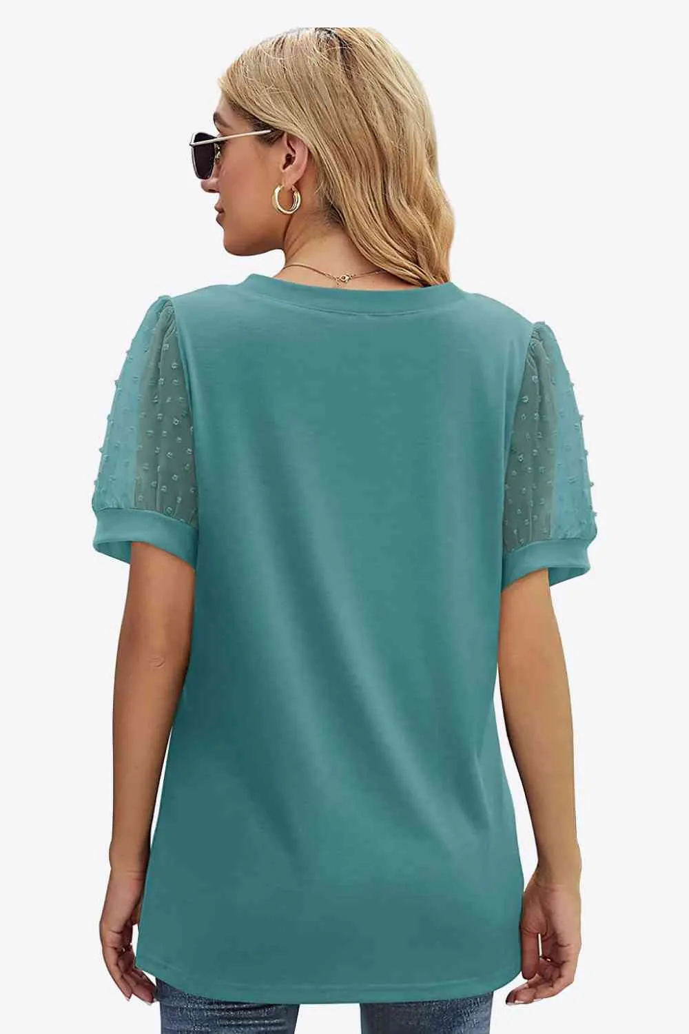 TEEK - Swiss Dot Puff Sleeve V-Neck Tee