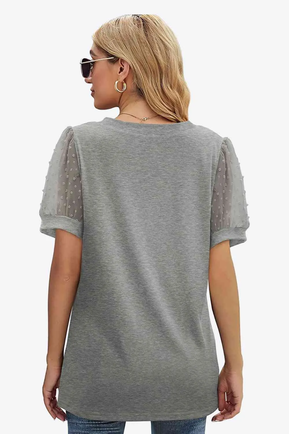 TEEK - Swiss Dot Puff Sleeve V-Neck Tee