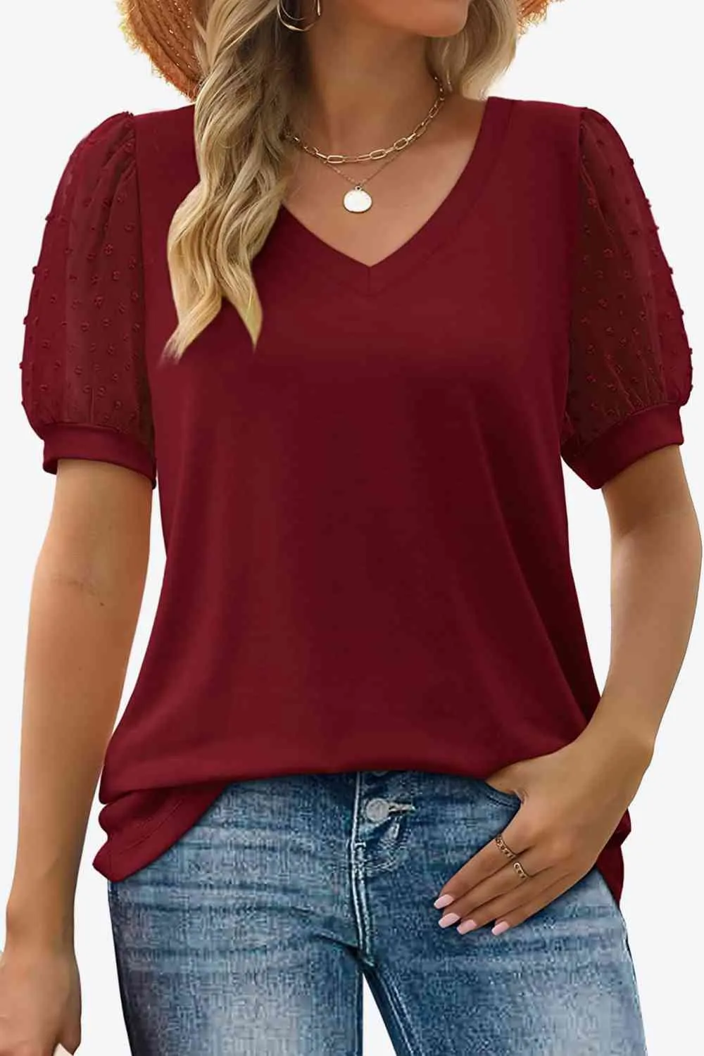 TEEK - Swiss Dot Puff Sleeve V-Neck Tee