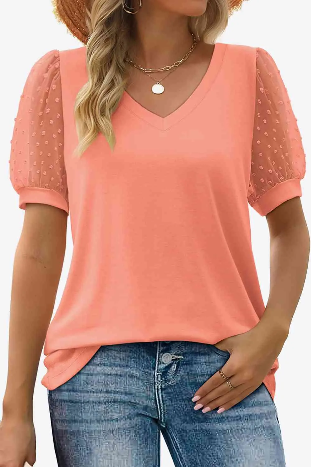 TEEK - Swiss Dot Puff Sleeve V-Neck Tee