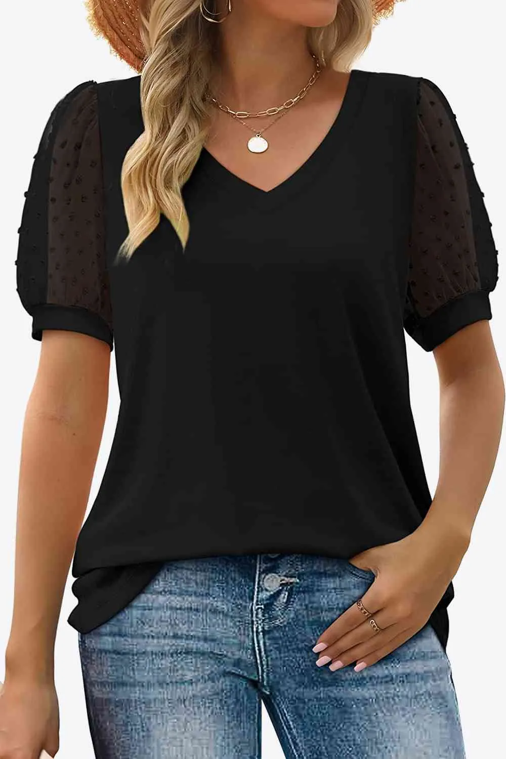 TEEK - Swiss Dot Puff Sleeve V-Neck Tee