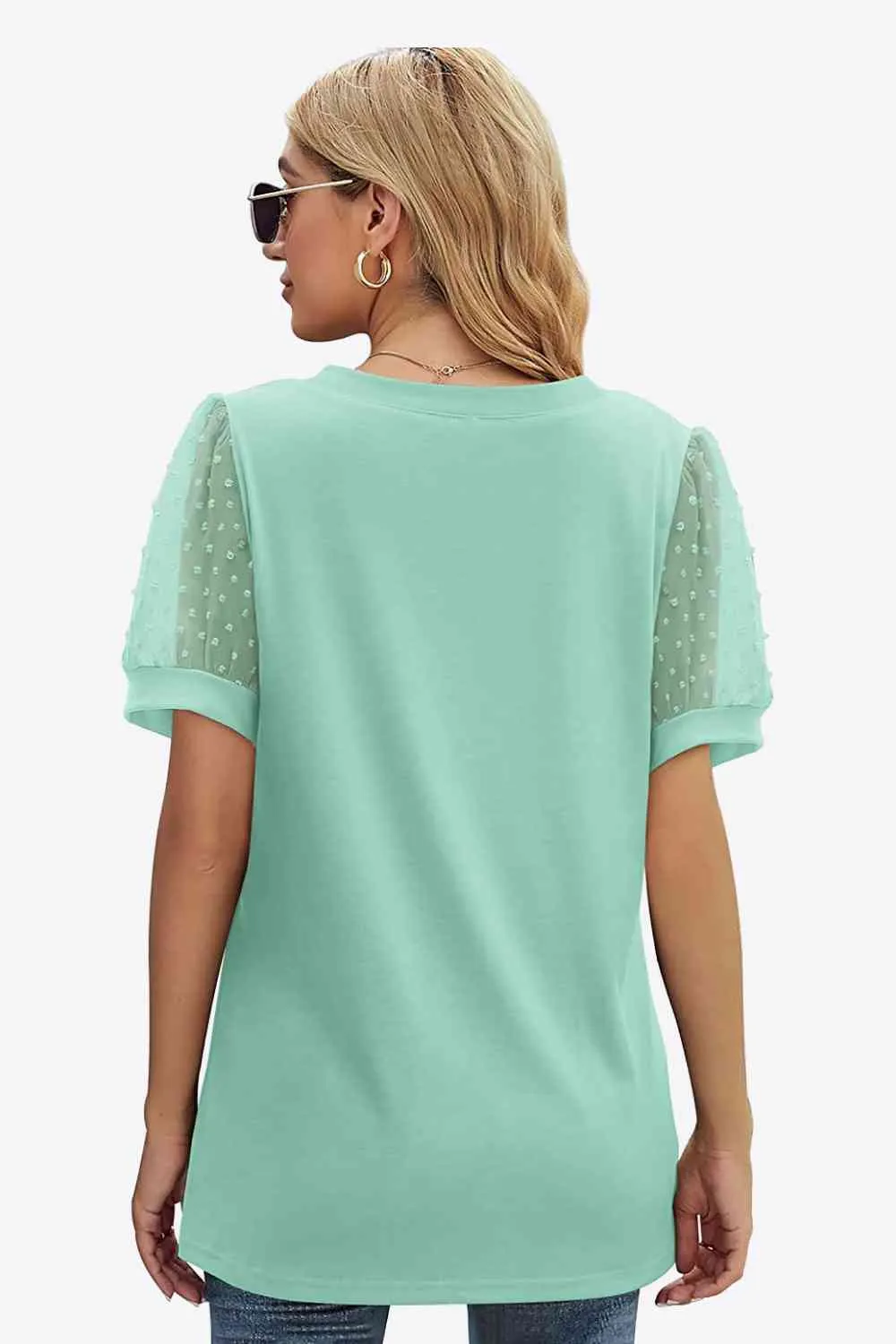 TEEK - Swiss Dot Puff Sleeve V-Neck Tee