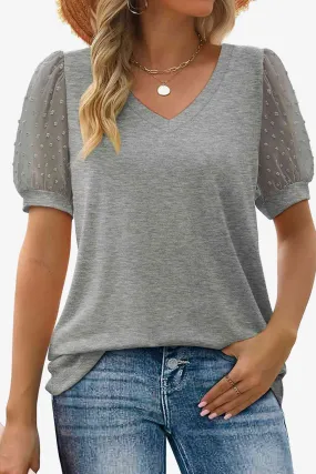 TEEK - Swiss Dot Puff Sleeve V-Neck Tee