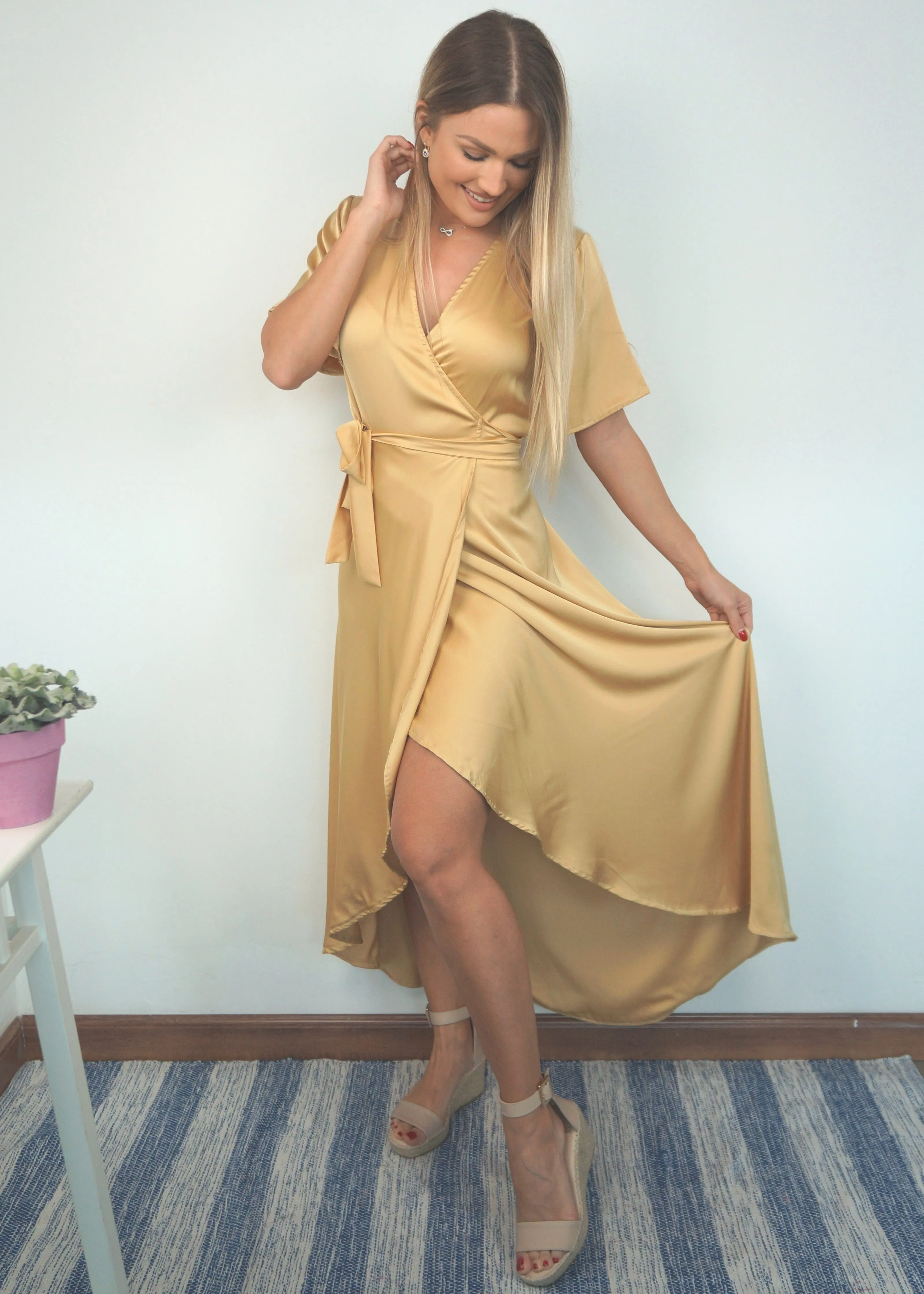 The Satin Wrap Dress - Pure Gold