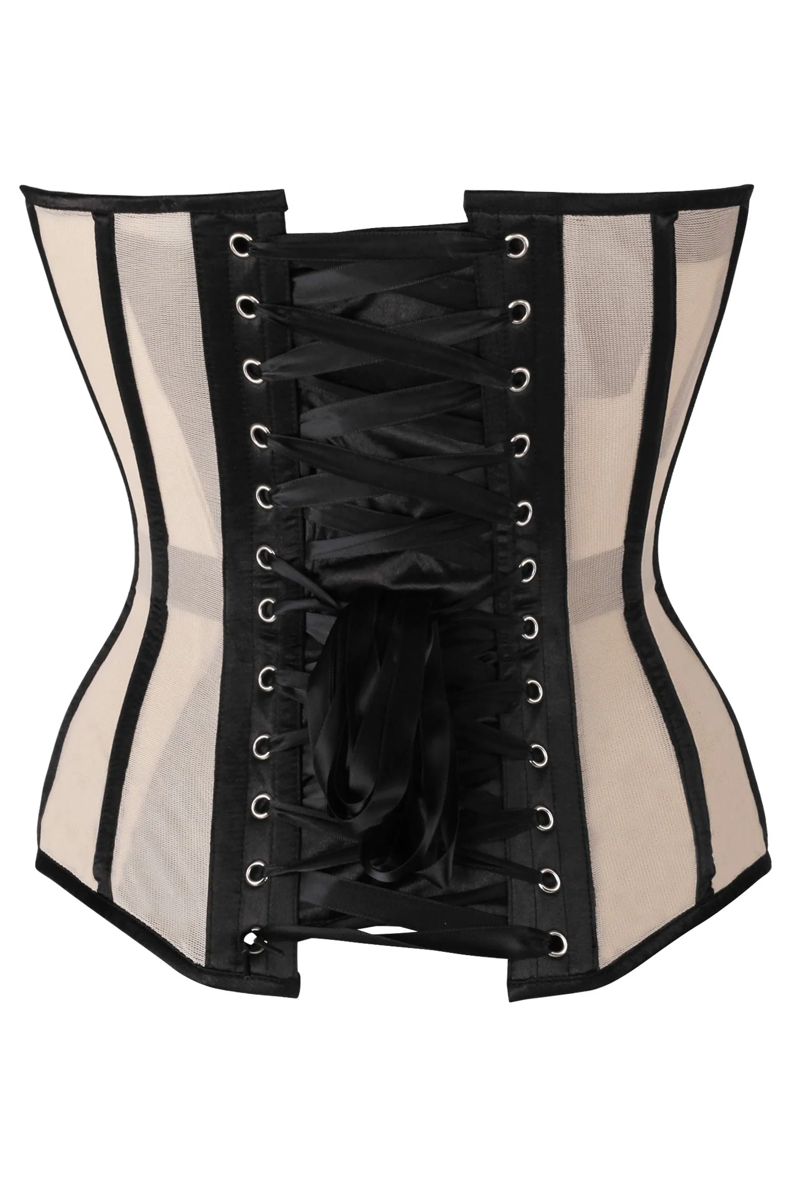 Top Drawer Nude Mesh & Black Satin Steel Boned Overbust Corset