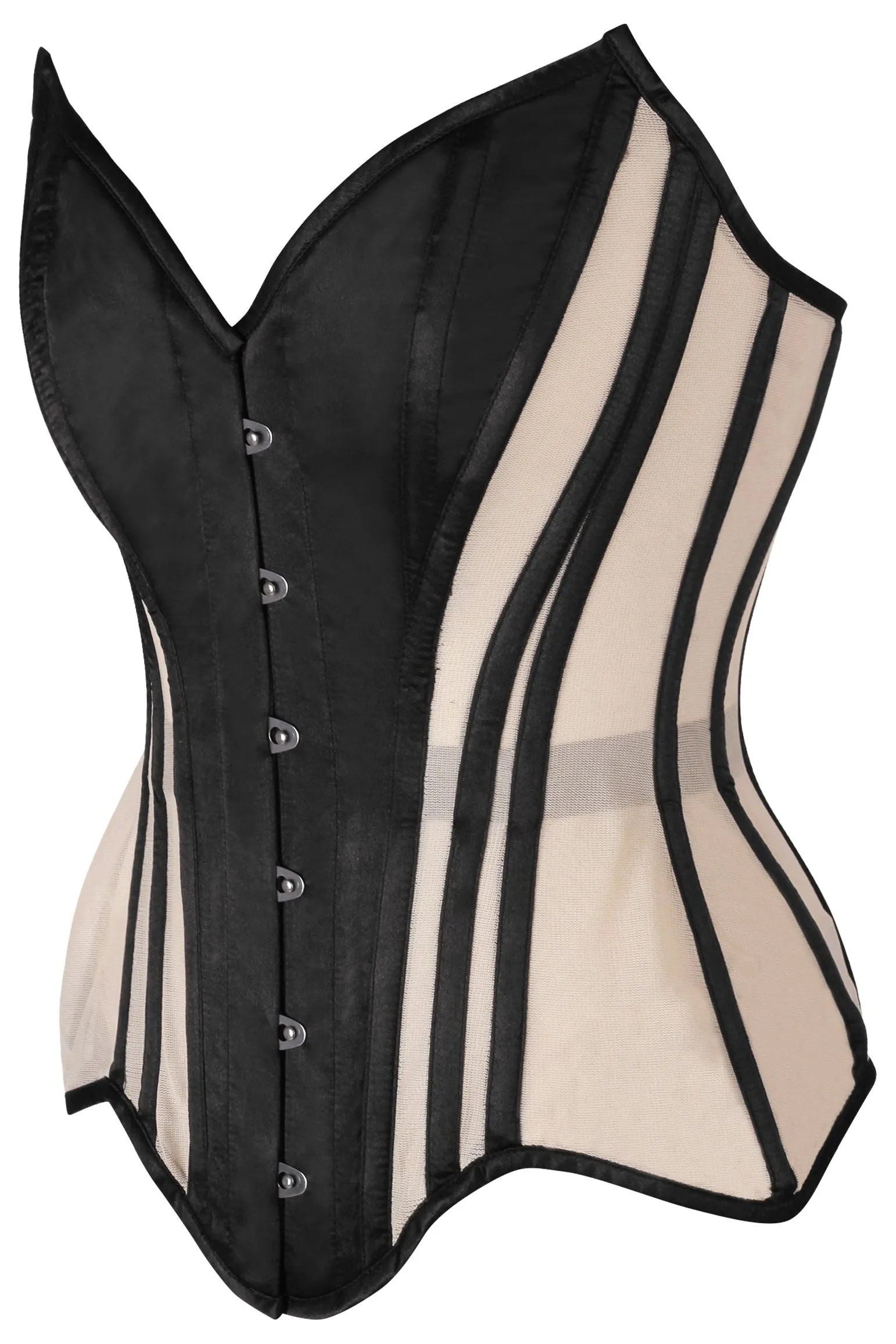 Top Drawer Nude Mesh & Black Satin Steel Boned Overbust Corset