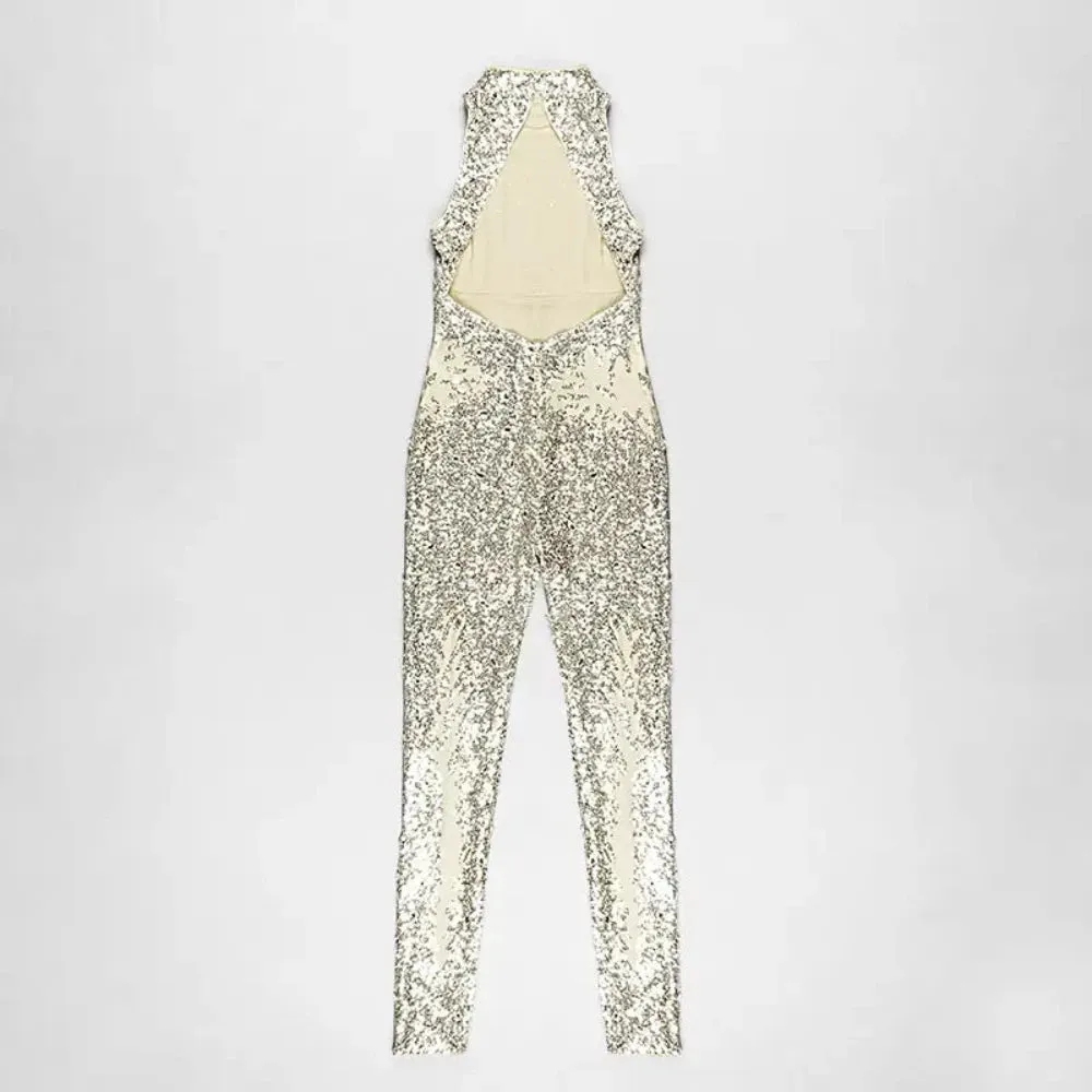 Trend4us Women's Glamour Sequin High-Neck Backless Jumpsuit