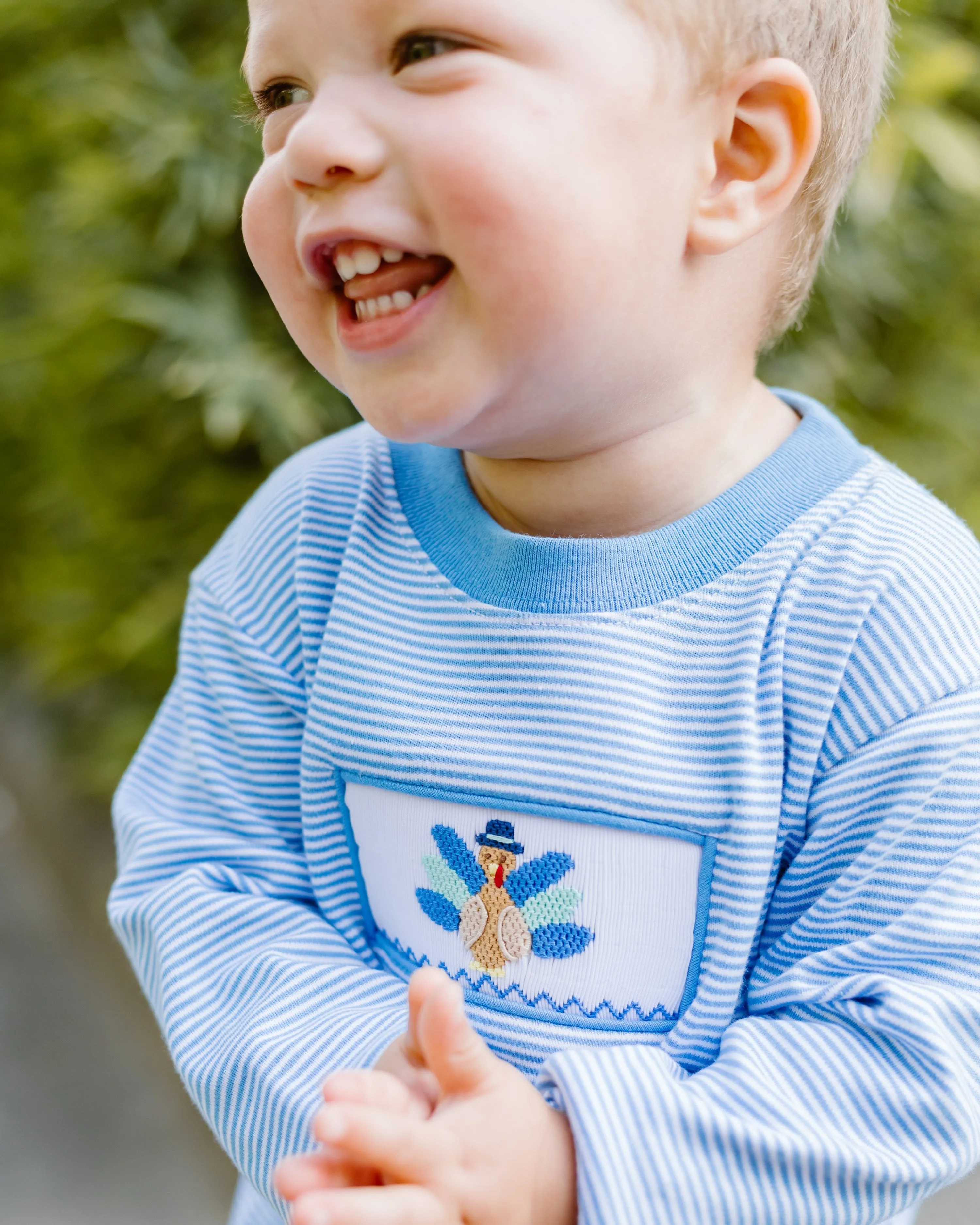 Turkey Play Tee- Periwinkle Bitty Stripe Knit