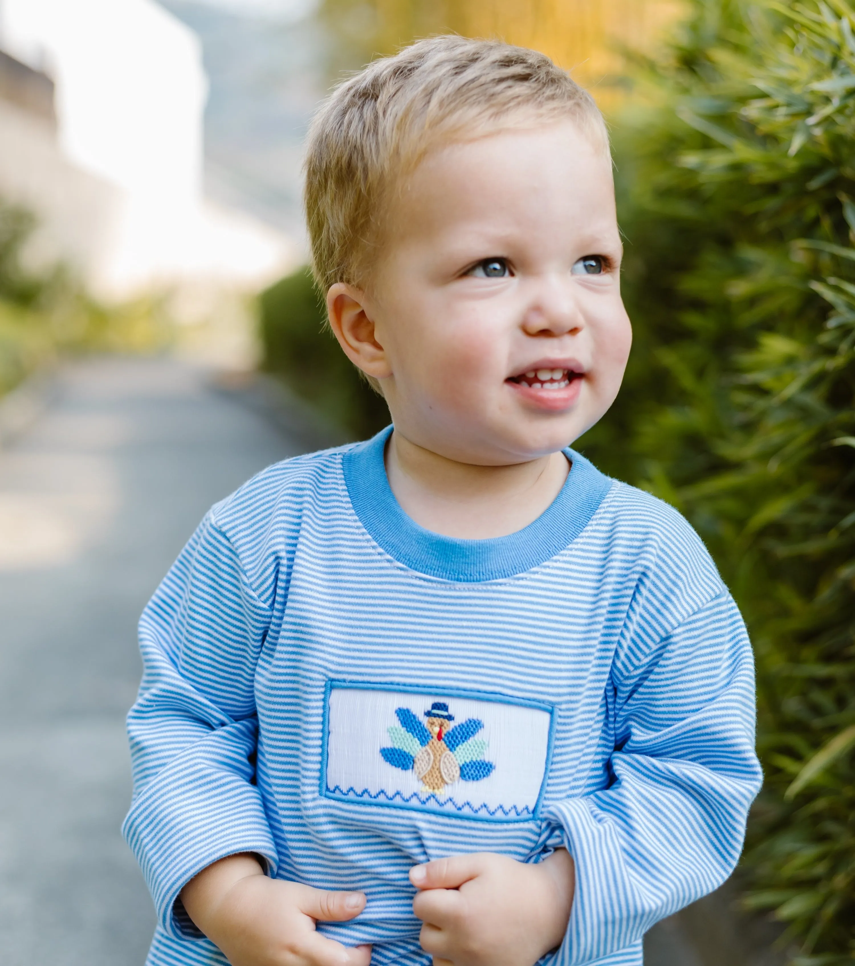 Turkey Play Tee- Periwinkle Bitty Stripe Knit