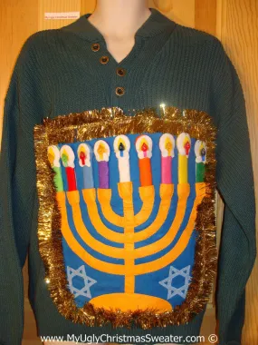 Ugly Christmas Sweater Party Hanukkah Sweater Mens with Menorah (j265)