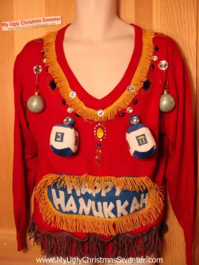 Ugly Christmas Sweater Party Hanukkah Sweater Vintage 80s Naughty Dreidels on Chest Bling Ornaments (j182)