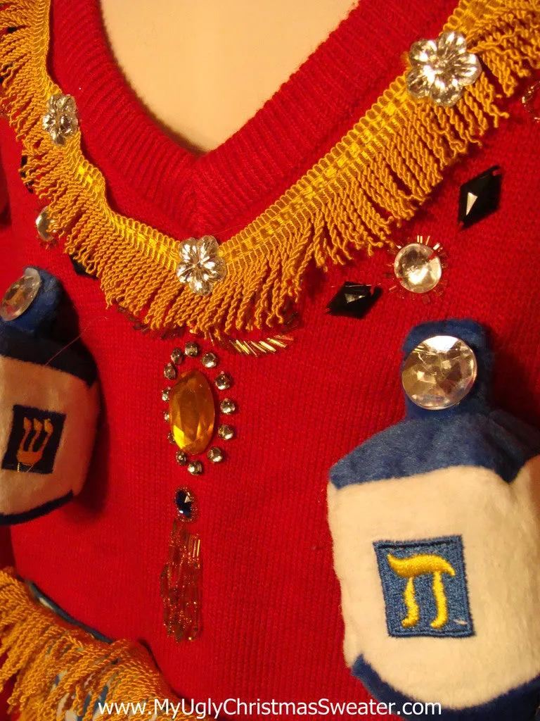 Ugly Christmas Sweater Party Hanukkah Sweater Vintage 80s Naughty Dreidels on Chest Bling Ornaments (j182)