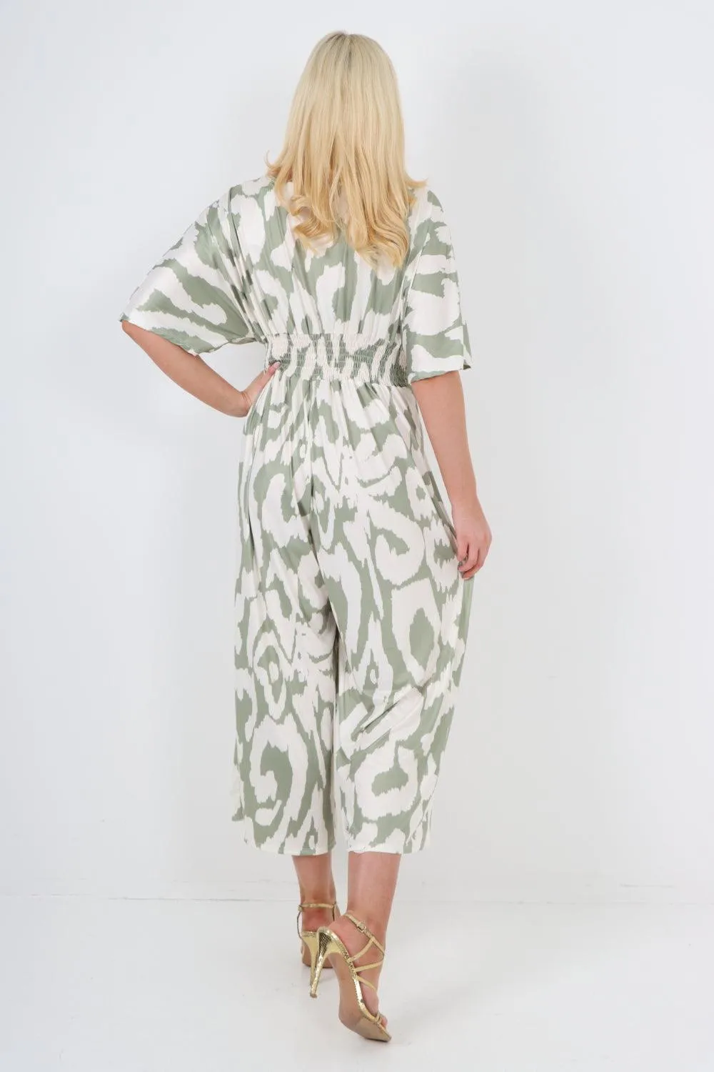 V Neck Shirred Elasticated Waist Printed Jumpsuit