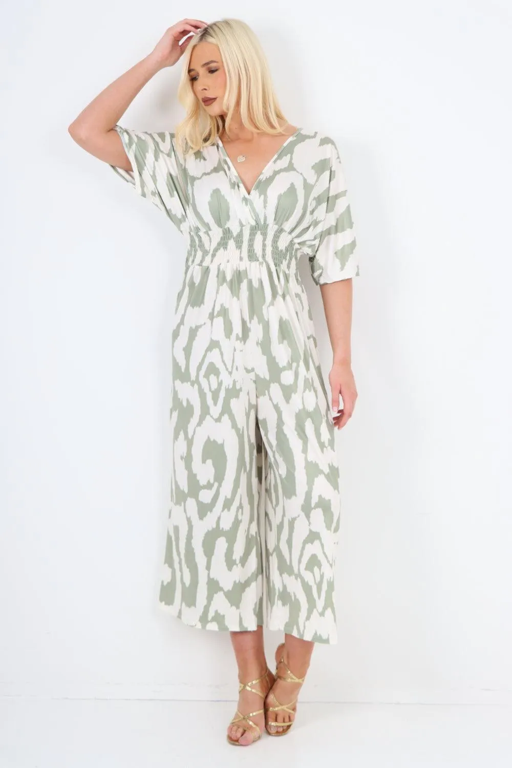 V Neck Shirred Elasticated Waist Printed Jumpsuit