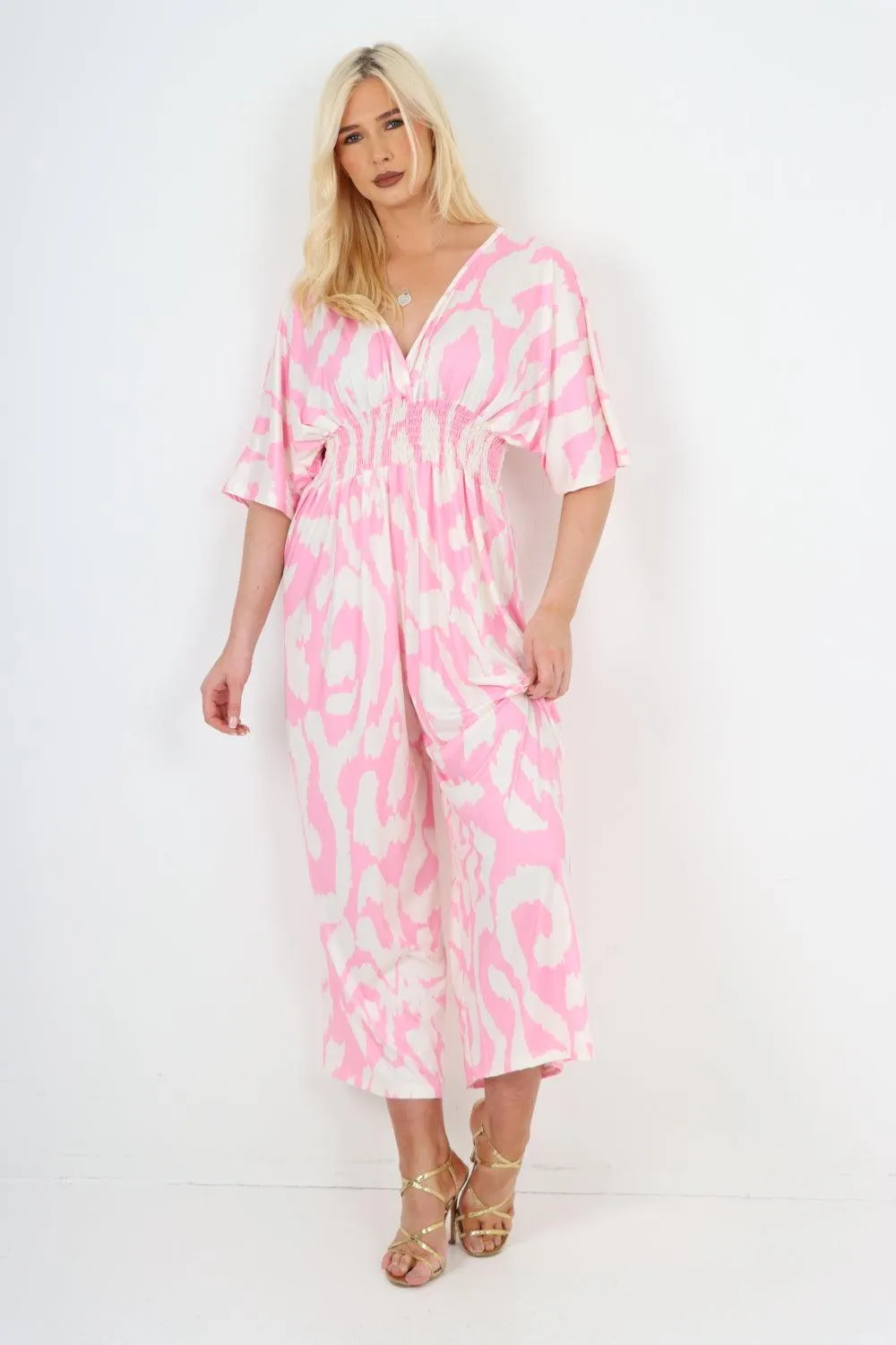 V Neck Shirred Elasticated Waist Printed Jumpsuit