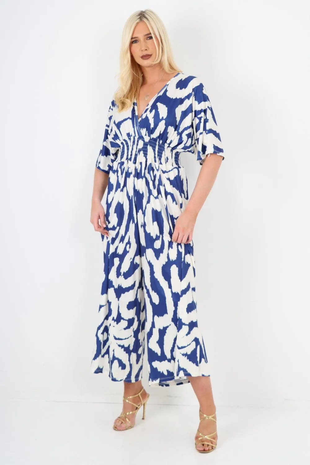 V Neck Shirred Elasticated Waist Printed Jumpsuit