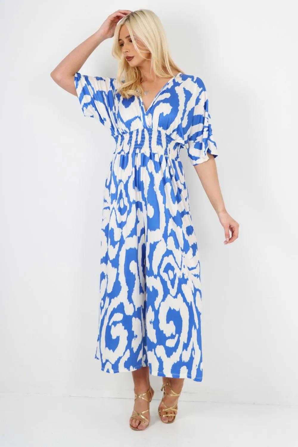 V Neck Shirred Elasticated Waist Printed Jumpsuit