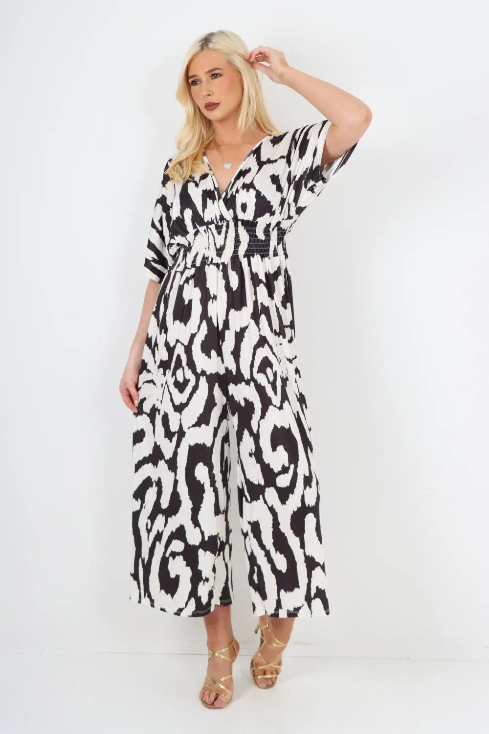 V Neck Shirred Elasticated Waist Printed Jumpsuit