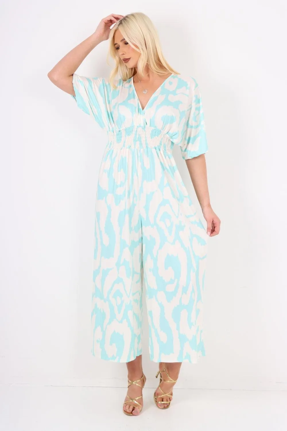 V Neck Shirred Elasticated Waist Printed Jumpsuit