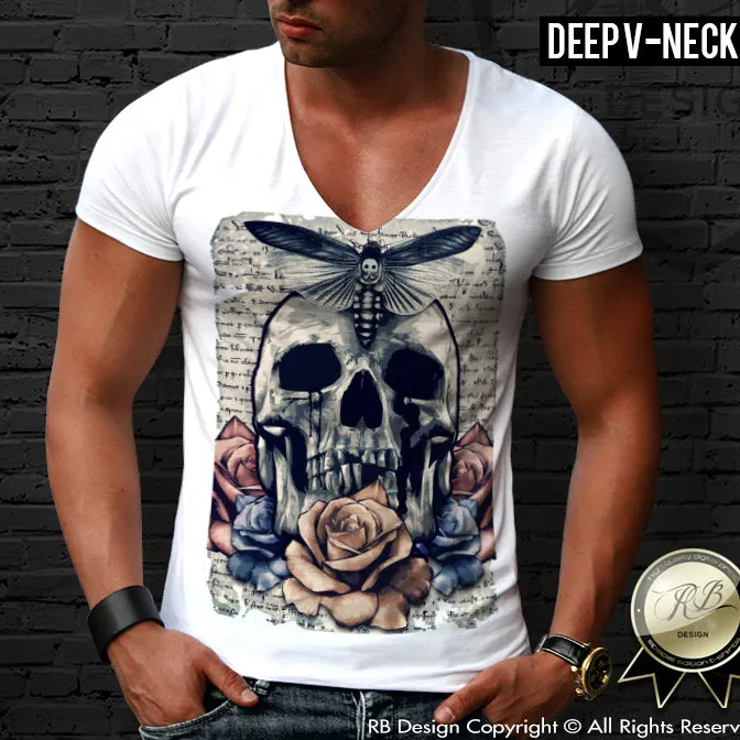 Vintage Skull Mens T-shirt Red Roses Old Paper Tank Top MD485