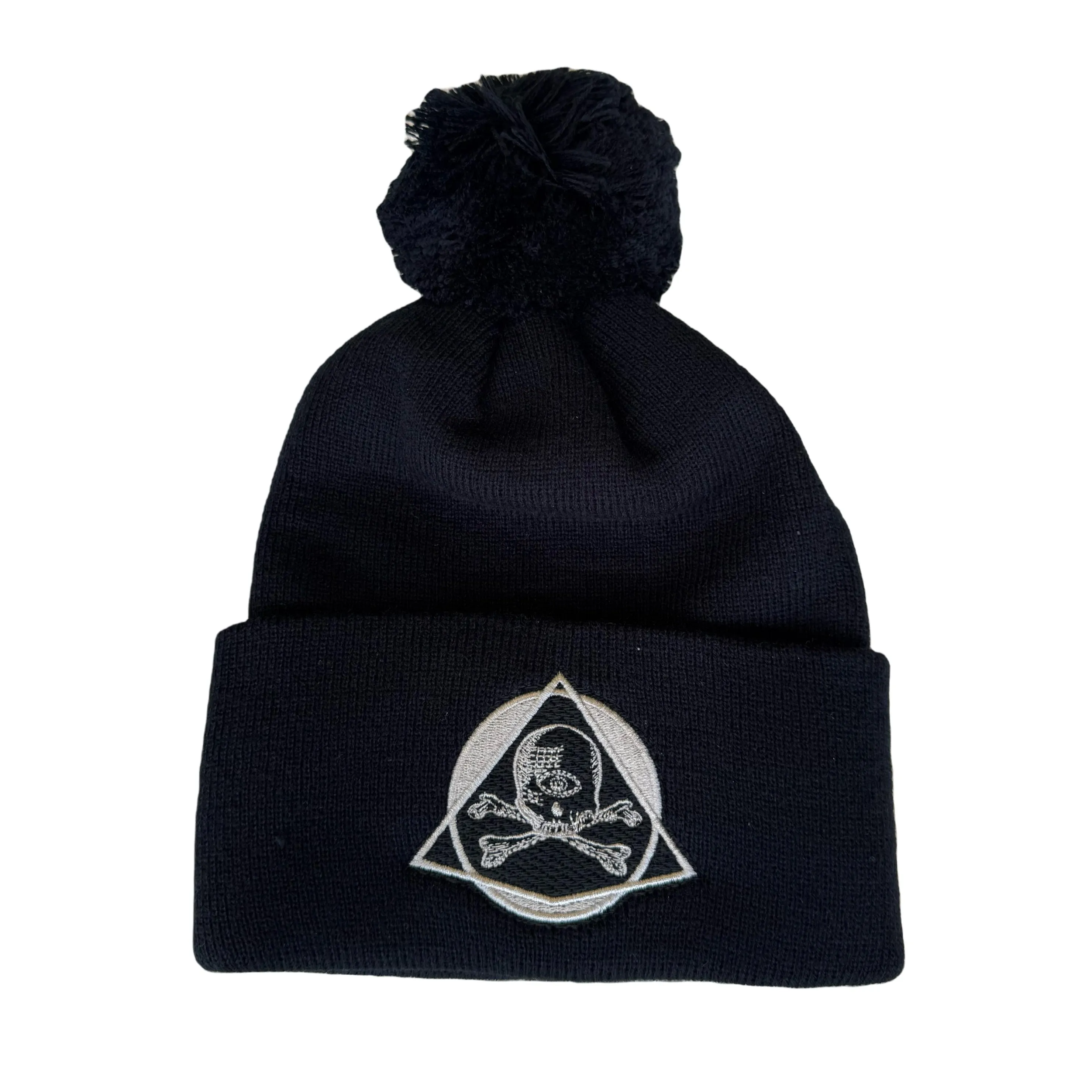 VITUS SKULL WHITE ON BLACK EMBROIDERED KNIT HAT WITH POM