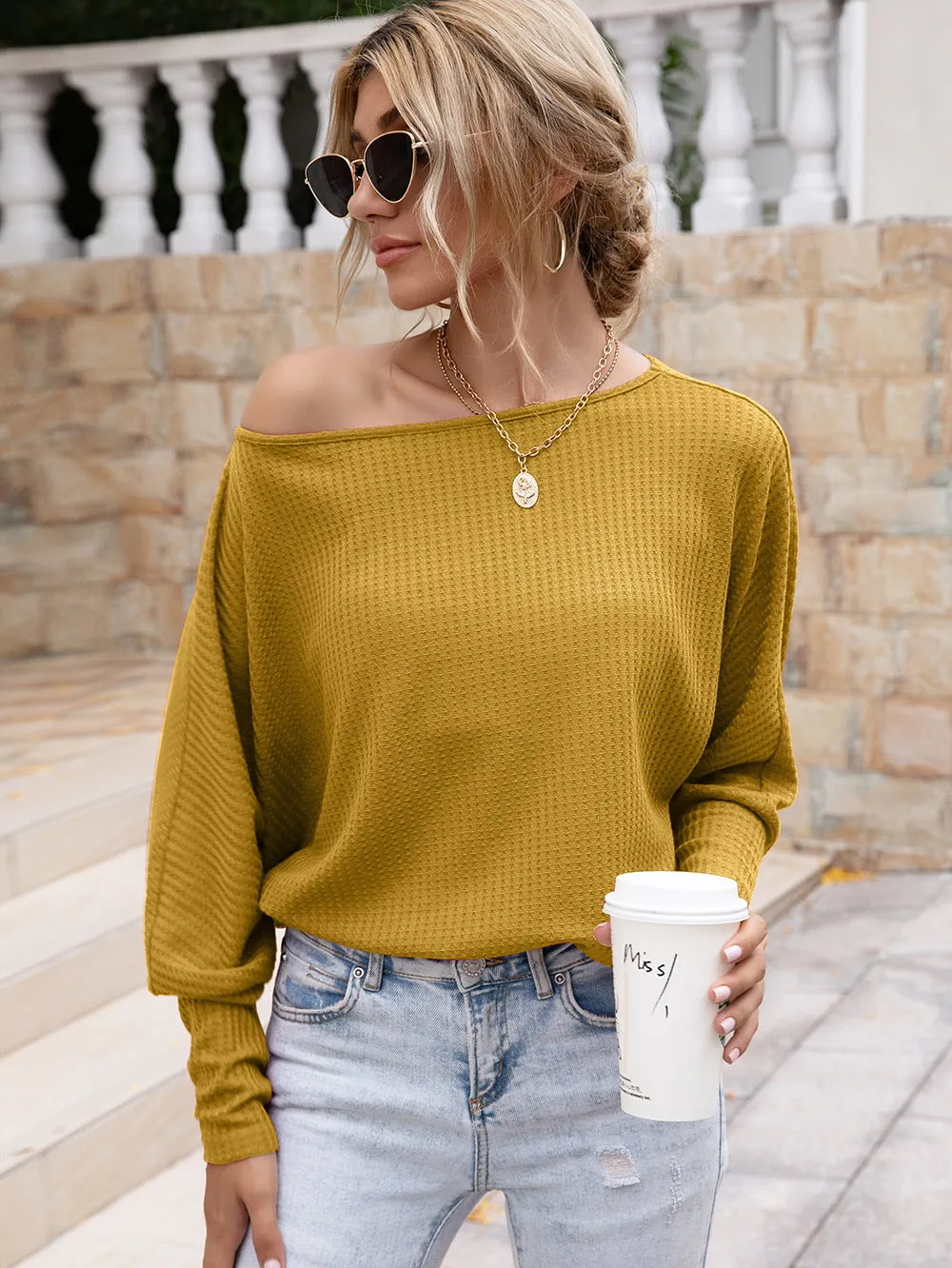 Waffle-Knit Boat Neck Long Sleeve Top