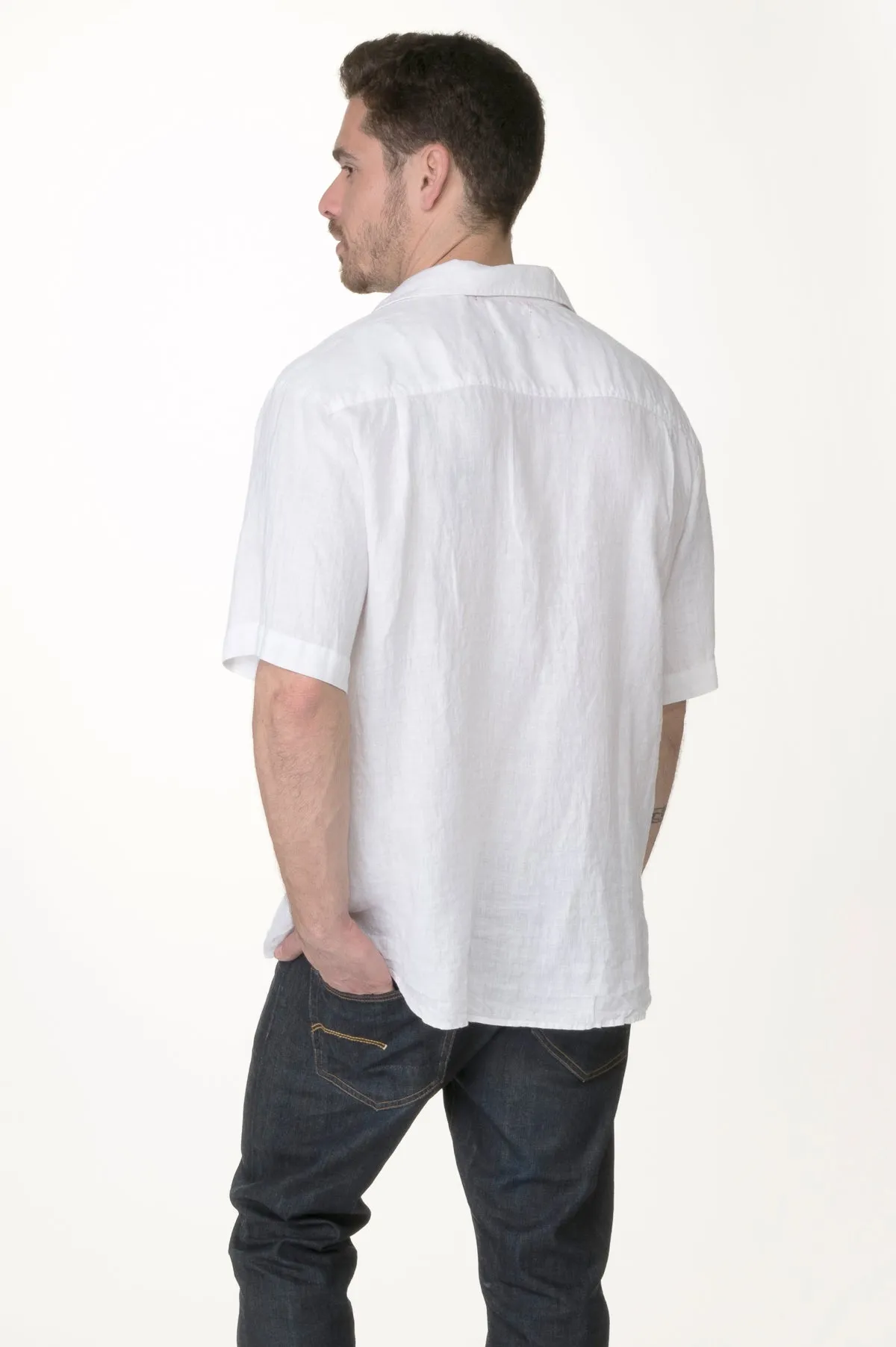 White washed linen men button down ss shirt