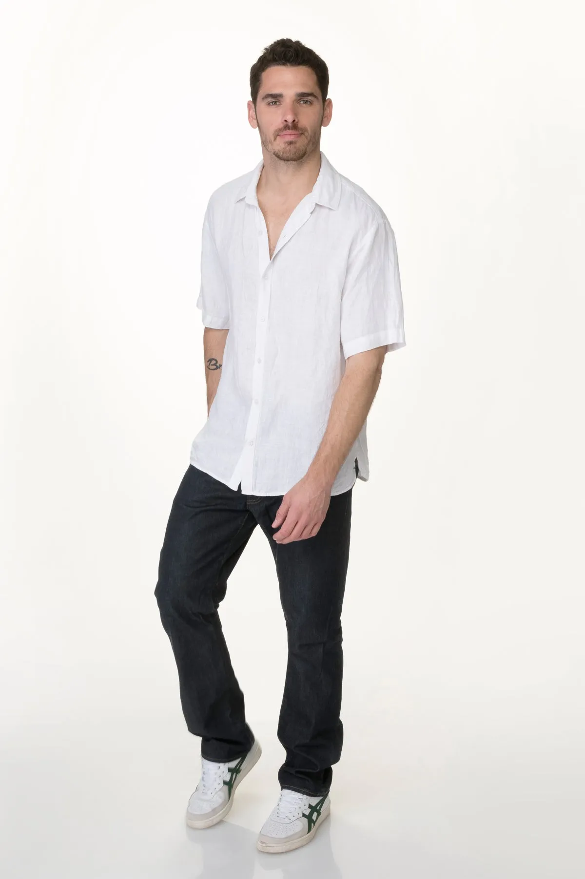 White washed linen men button down ss shirt