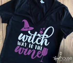 Witch Way to the Wine Shirt Cute Halloween Tee Funny 2 Colors Glitter