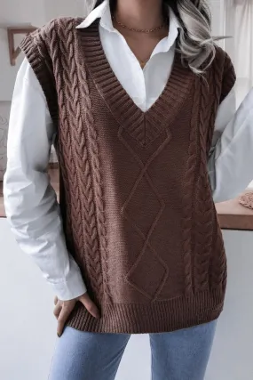 Women Cable-Knit Ribbed V-Neck Sweater Vest