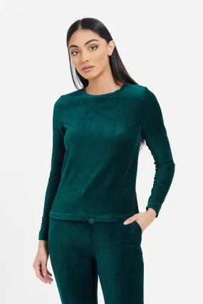 Women Green Velour Sweatshirt With Drawstring