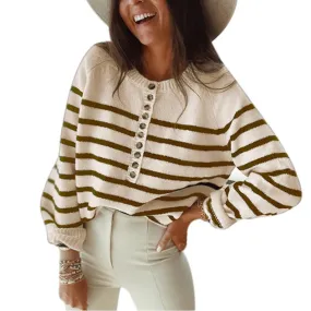 Women half buttons pullover knit long sleeve striped sweaters