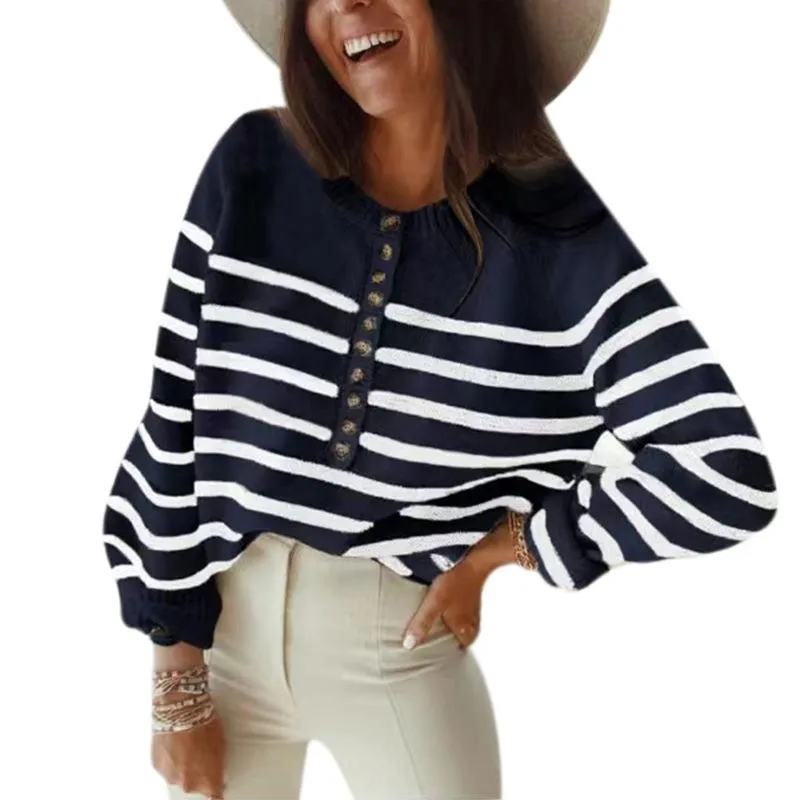 Women half buttons pullover knit long sleeve striped sweaters