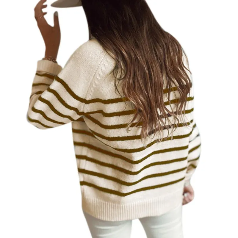 Women half buttons pullover knit long sleeve striped sweaters