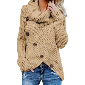 Women knit long sleeve button up turtleneck sweater