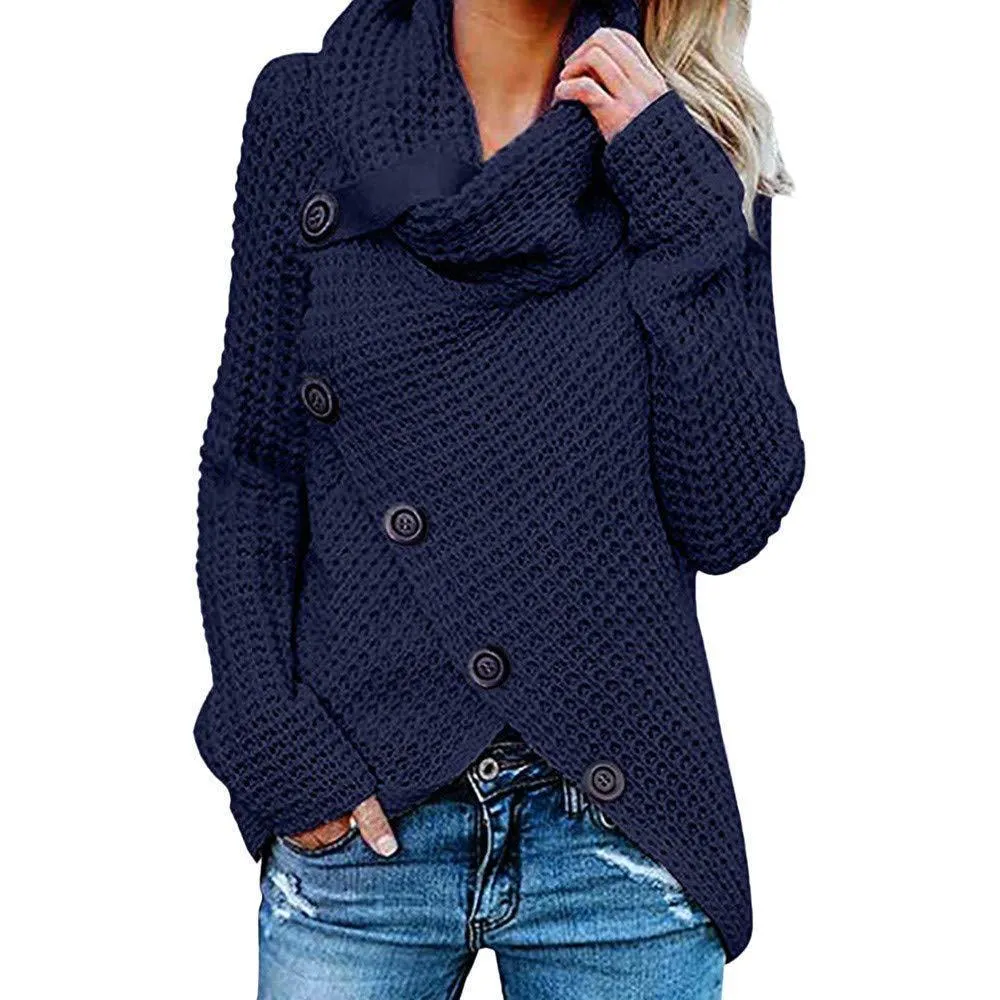 Women knit long sleeve button up turtleneck sweater