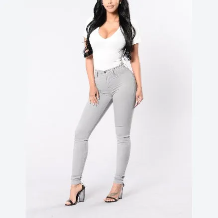 Women Summer Solid High-Waist Stretch Skinny Jeans