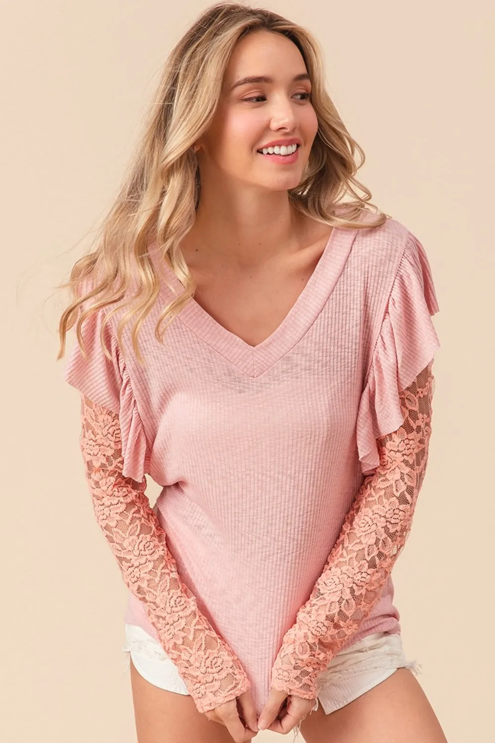 Women's BiBi Ruffled Lace Sleeve Rib Knit Top